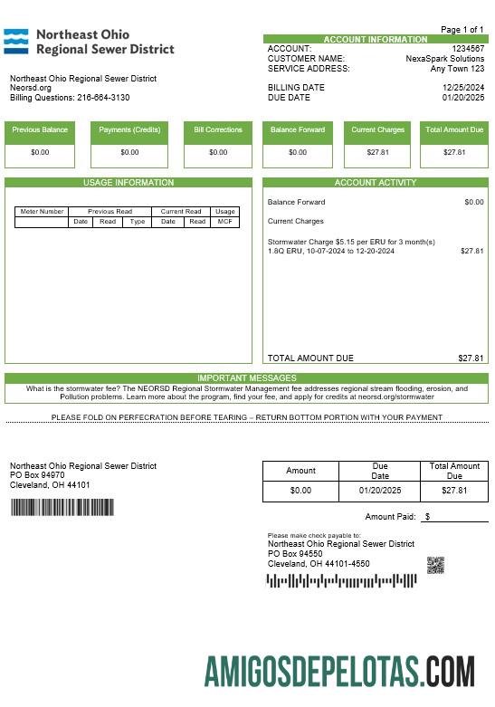 imprimível Modelo de projeto de lei de serviços públicos do distrito regional de esgoto do nordeste dos EUA, Ohio, Word e PDF 1